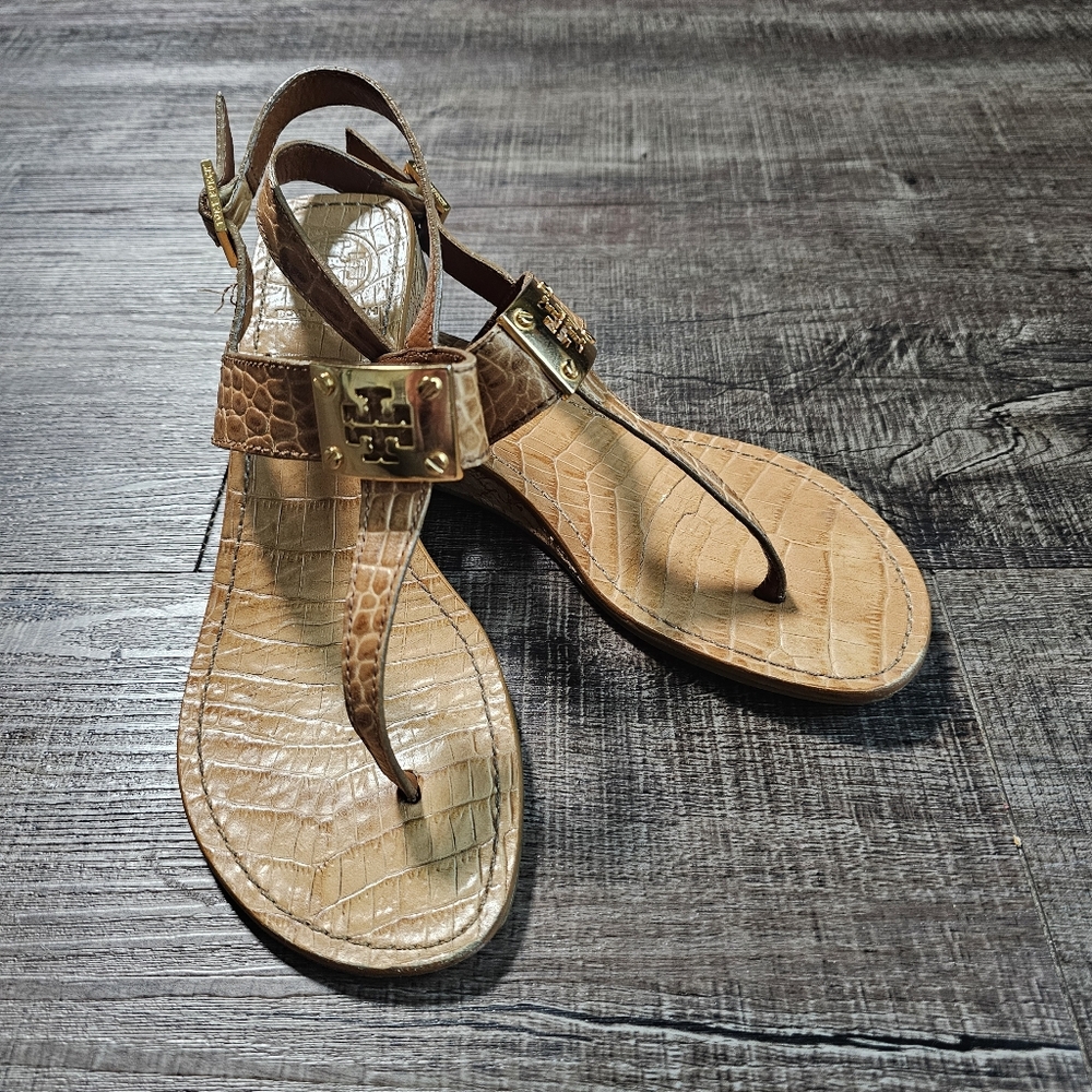 Tory Burch - Brown and Gold Croc-Embossed Sandals
